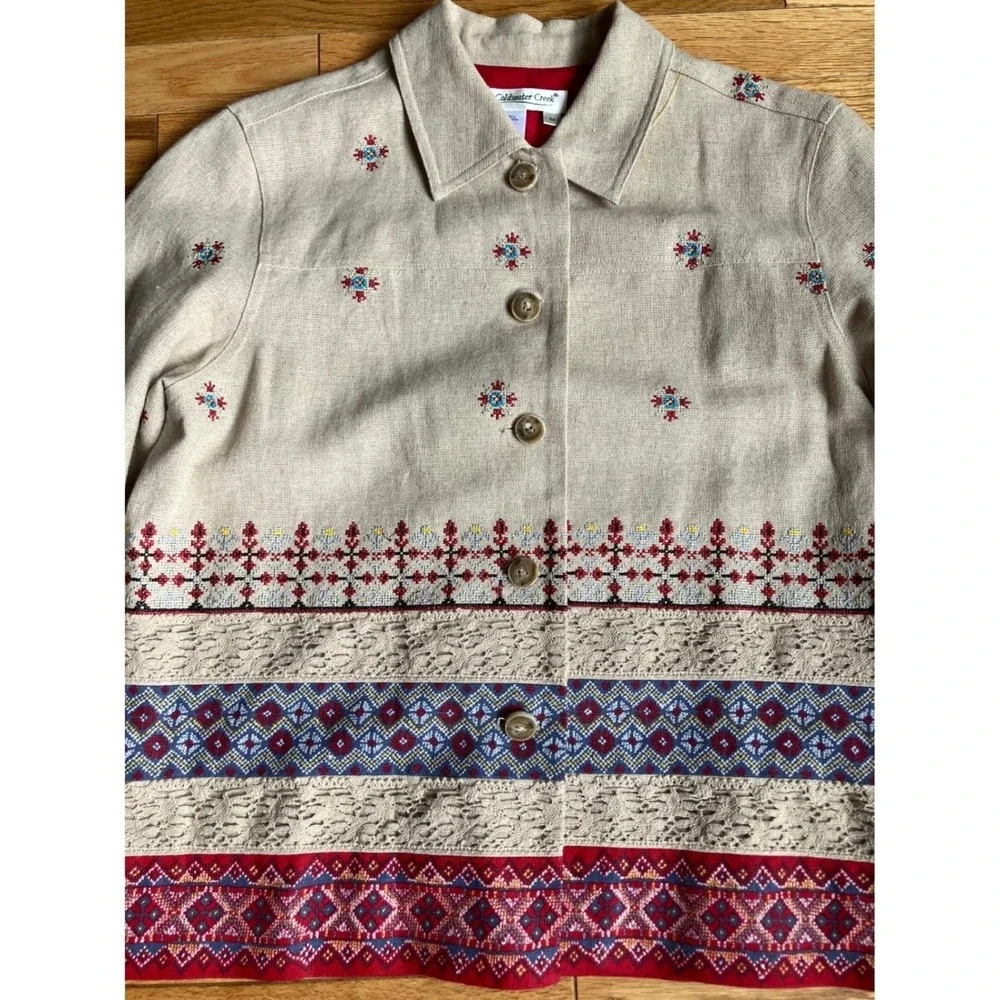 Linen Blend Embroidered‎ Lace Southwestern Jacket Cottagecore Beige Red Blue Med